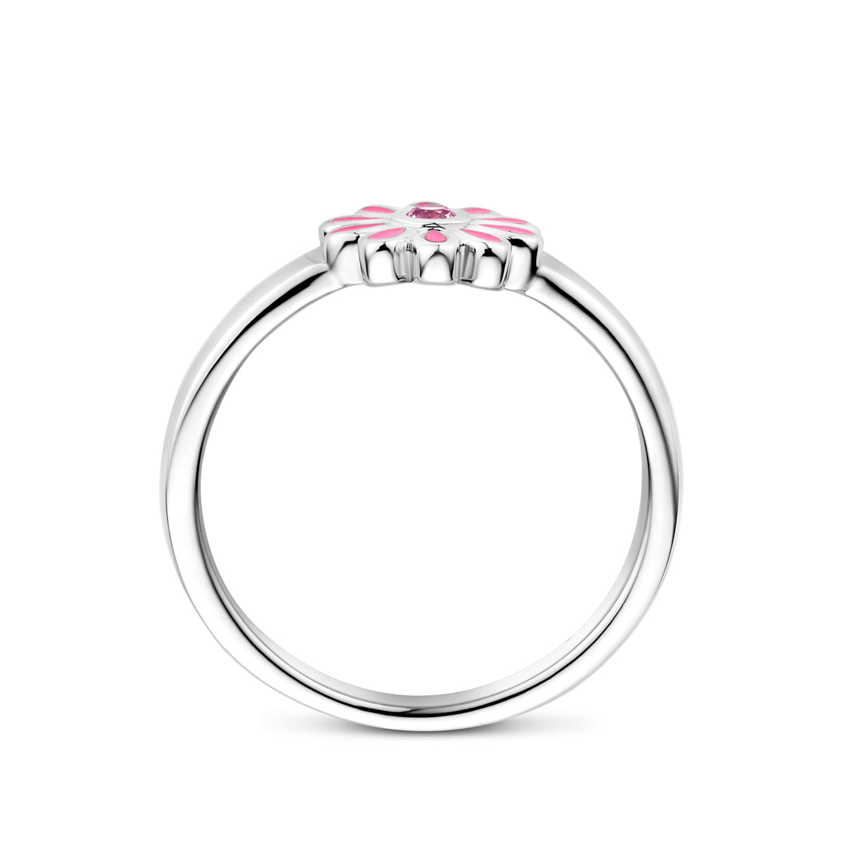 ring emaille bloem roze zirkonia zilver gerhodineerd