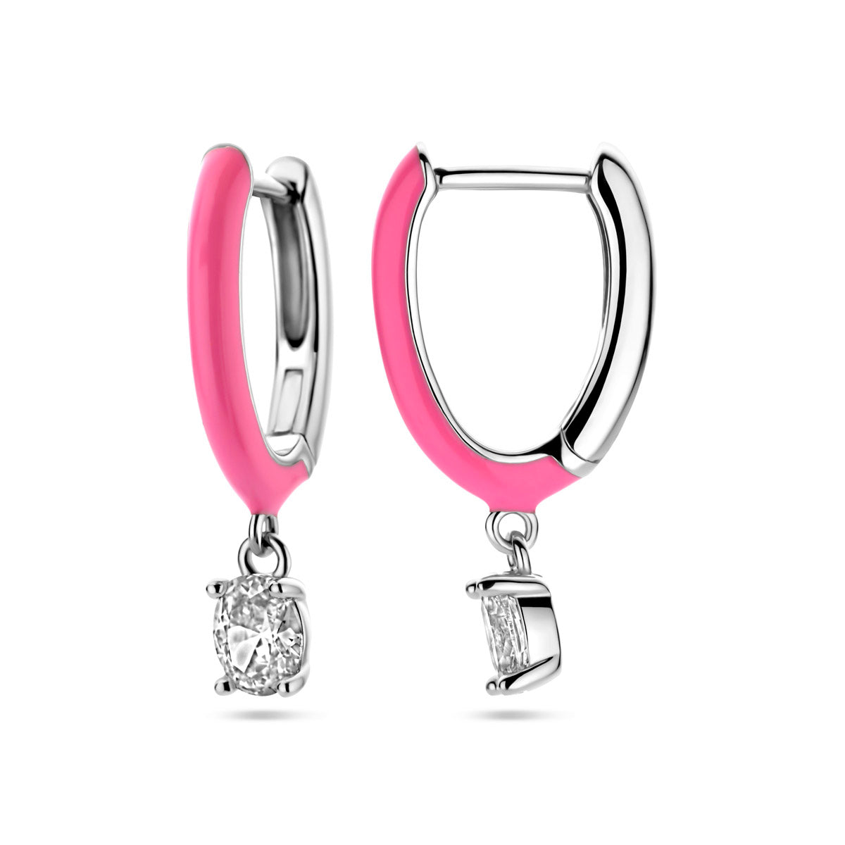 klapoorringen zirkonia en roze emaille zilver gerhodineerd
