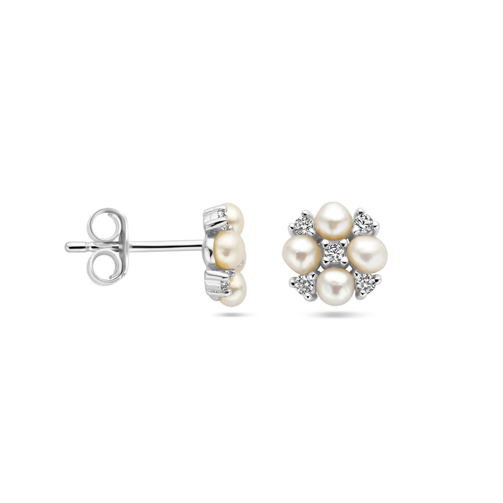 oorknoppen parel en zirkonia zilver gerhodineerd