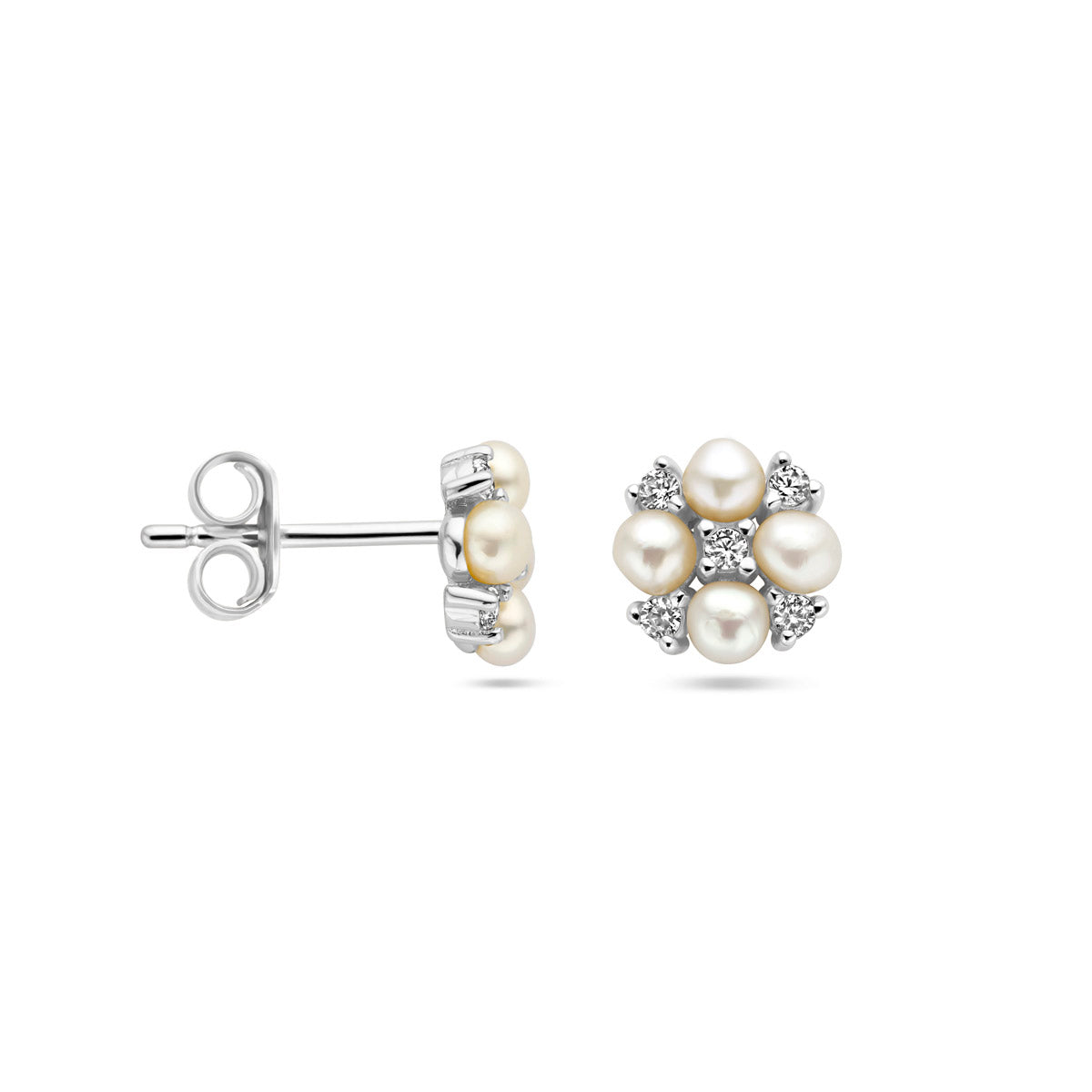 oorknoppen parel en zirkonia zilver gerhodineerd