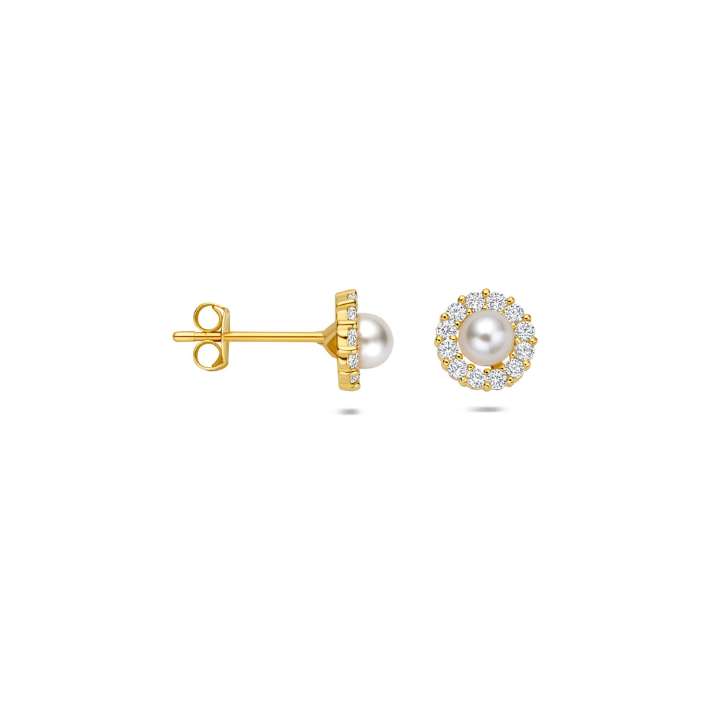 Ohrstecker Perlen und Zirkonia 6,5 mm 14K Gelbgold