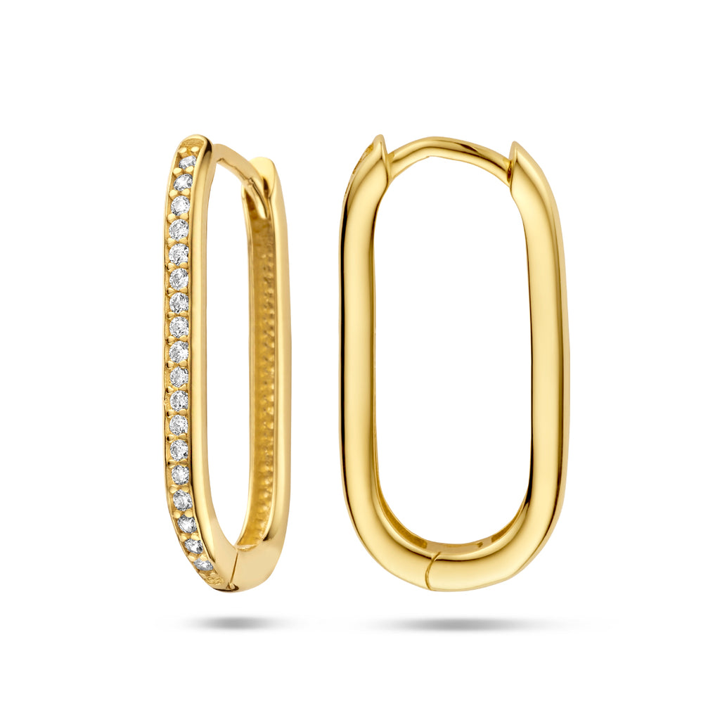 klapoorringen paperclip zirkonia 14K geelgoud - ovaal