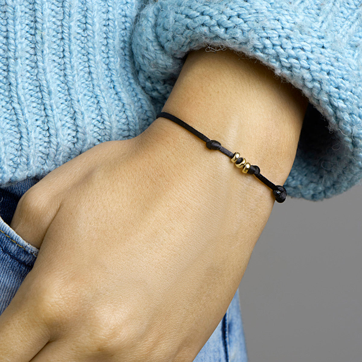 armband satijn zwart 13 - 26 cm 14K goud met rubber/nylon/leer