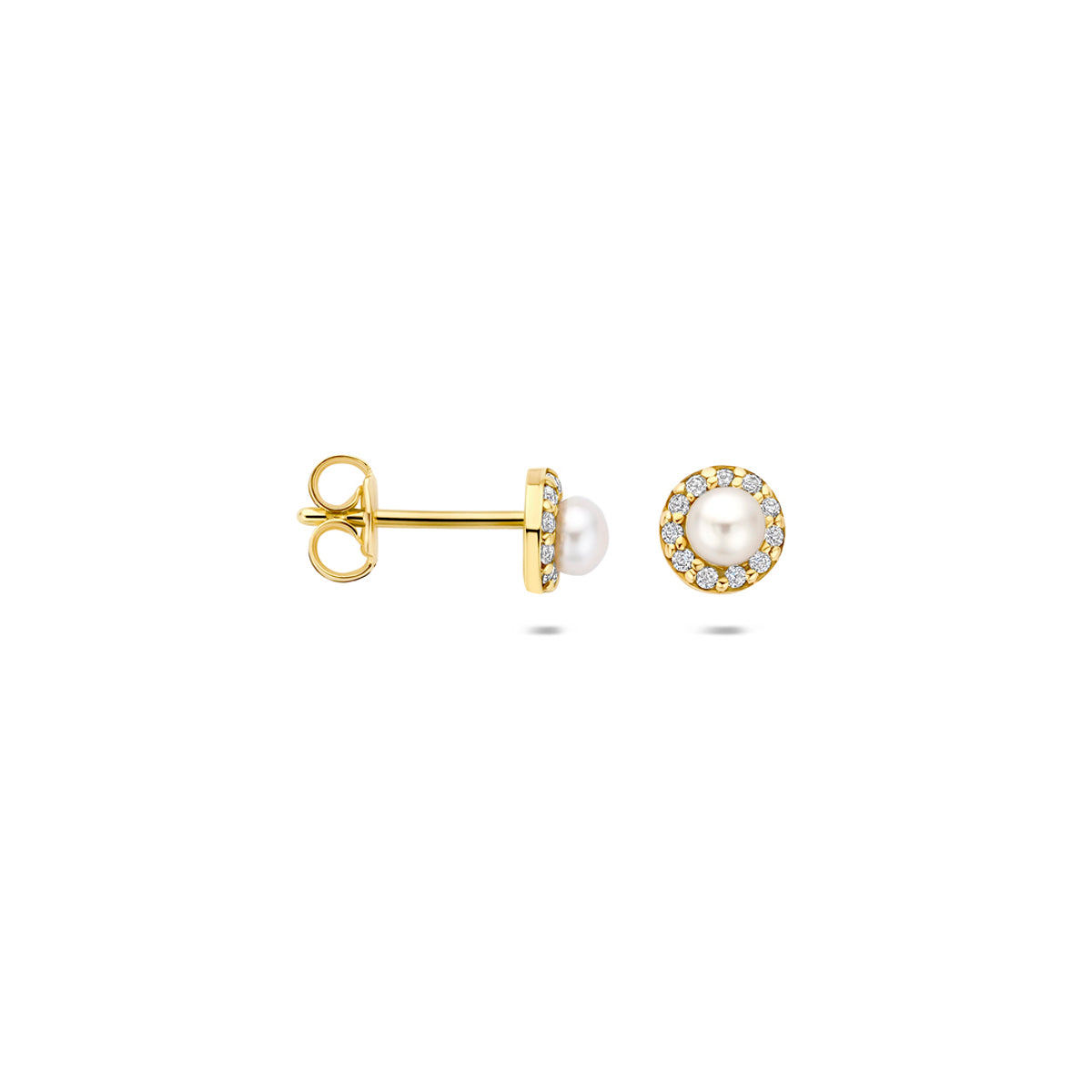 oorknoppen parel en zirkonia 5 mm 14K geelgoud