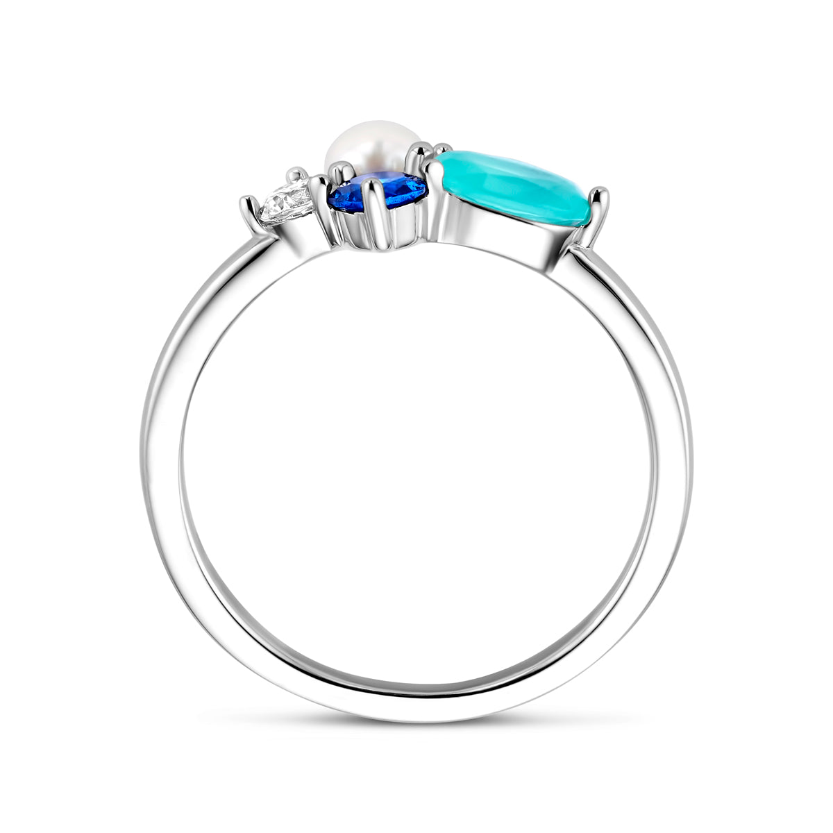 Ring aus farbigem Zirkonia, Perle und Farbstein, Silber rhodiniert