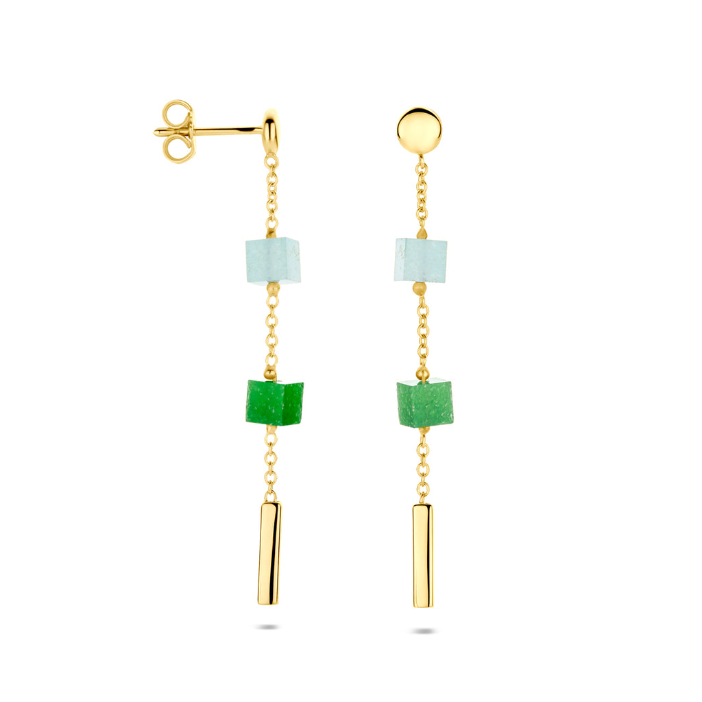 oorhangers blauw en groen kwartsiet 46 mm 14K geelgoud