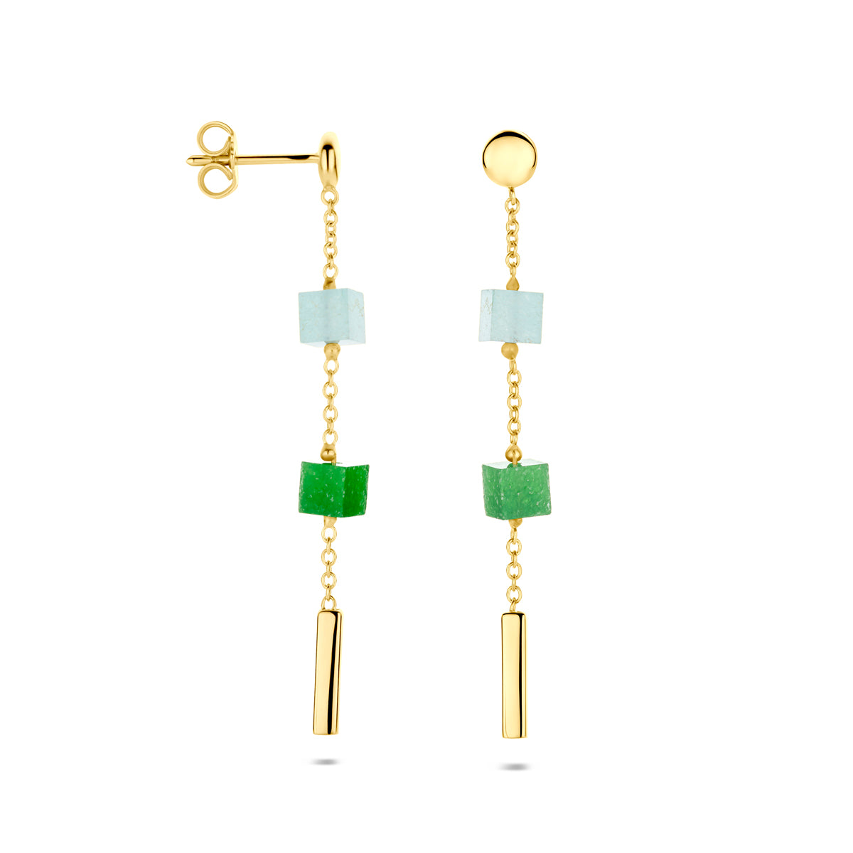 oorhangers blauw en groen kwartsiet 46 mm 14K geelgoud