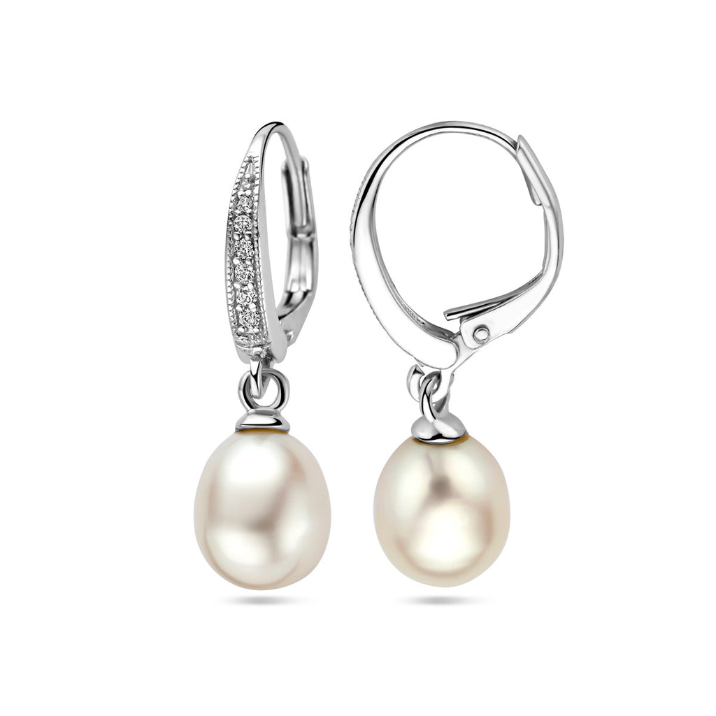oorhangers parel en zirkonia brisur haak 29 mm zilver gerhodineerd