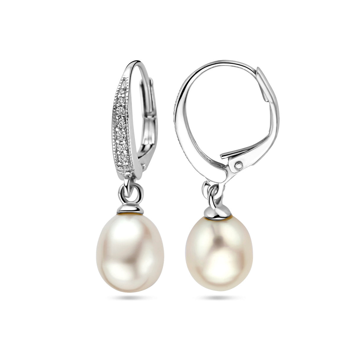 oorhangers parel en zirkonia brisur haak 29 mm zilver gerhodineerd