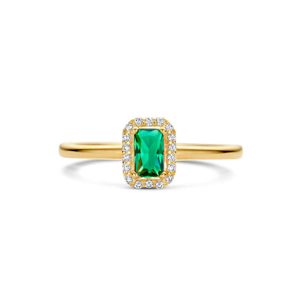 ring groen en wit zirkonia halo 14K geelgoud
