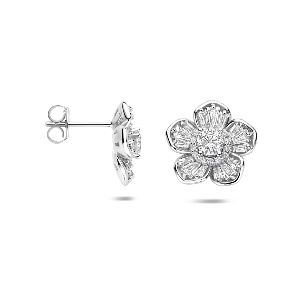 oorknoppen bloem zirkonia 13,5 mm zilver gerhodineerd