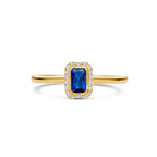 ring synth. saffier en zirkonia halo 14K geelgoud