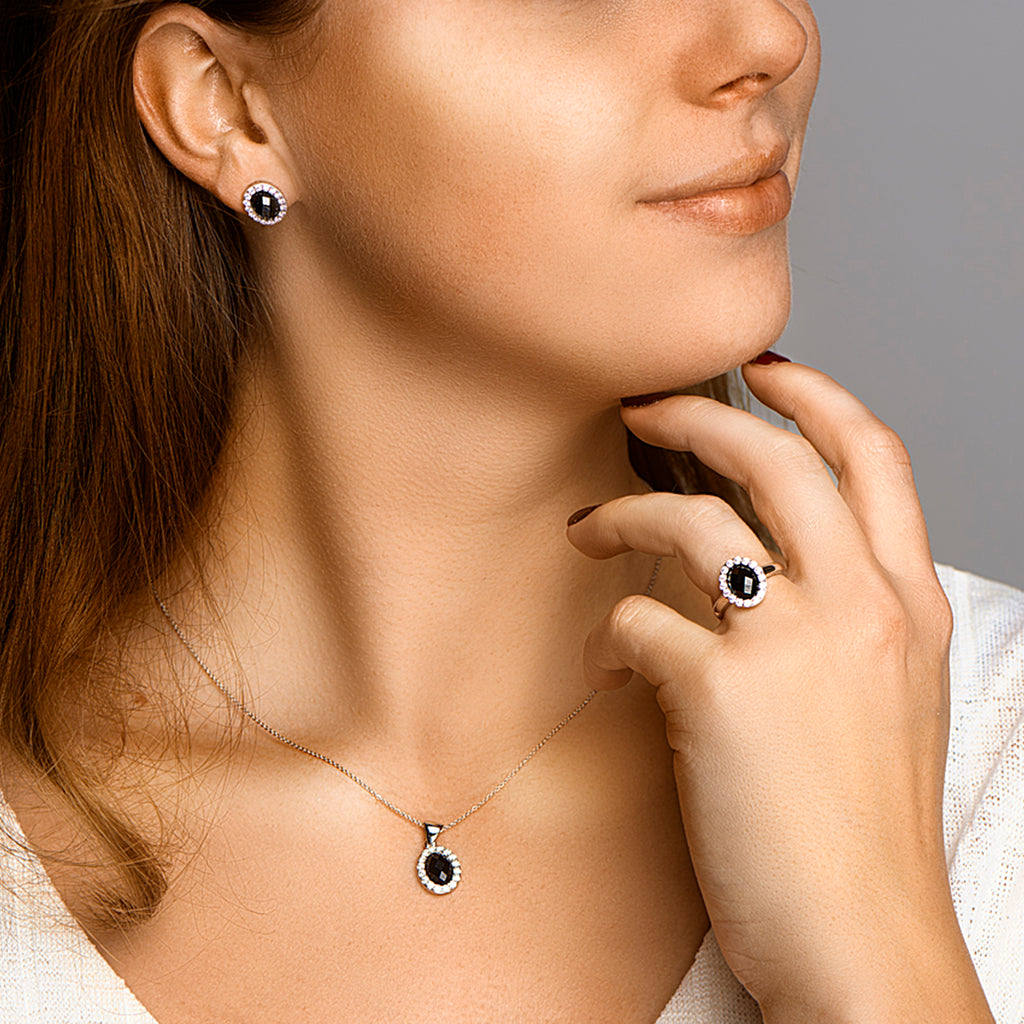 Ohrstecker Onyx und Zirkonia Halo Silber rhodiniert