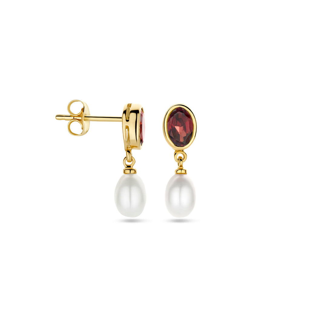 Ohrhänger Perle und Granat 18 mm 14K Gelbgold