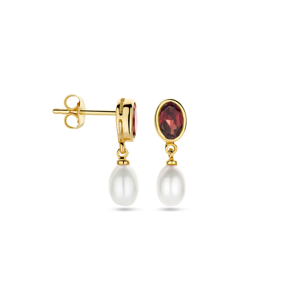 Ohrhänger Perle und Granat 18 mm 14K Gelbgold