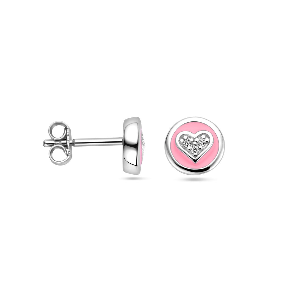 Ohrstecker Herz aus Zirkonia und rosa Emaille, Silber rhodiniert