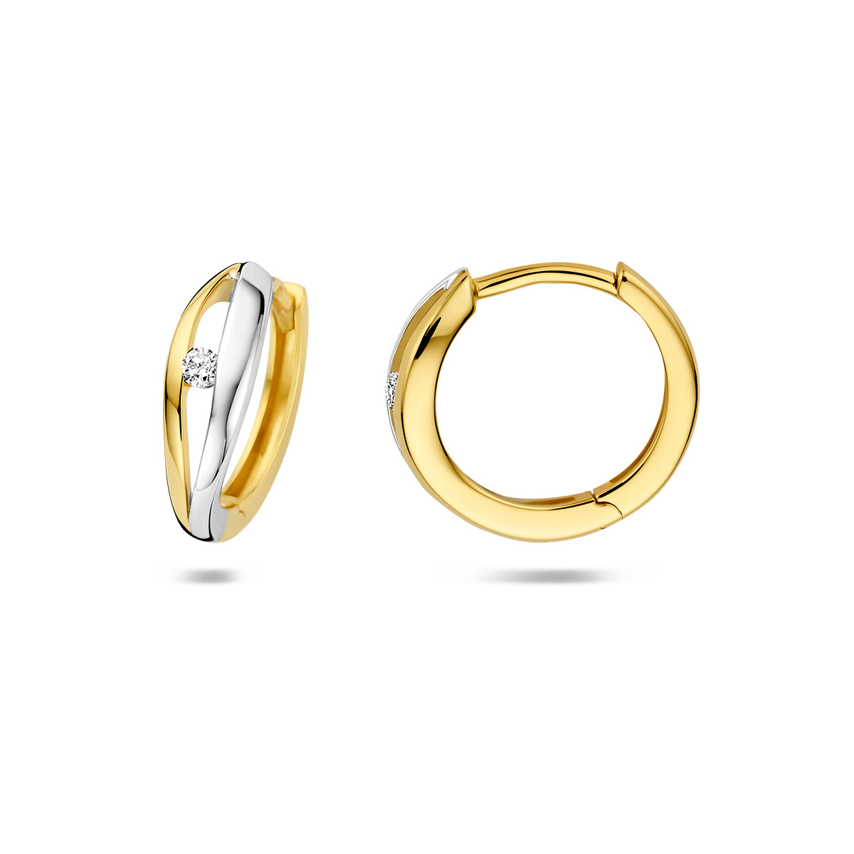 klapoorringen lab grown diamant 0.05ct (2x0.025ct) f vs 14 mm 14K bicolor goud geel/wit