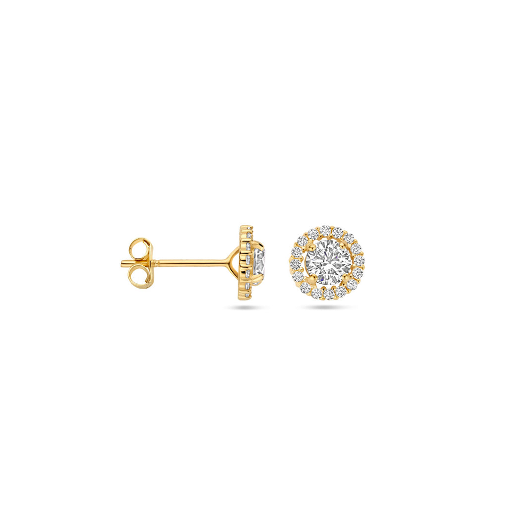 oorknoppen zirkonia halo 7 mm 14K geelgoud