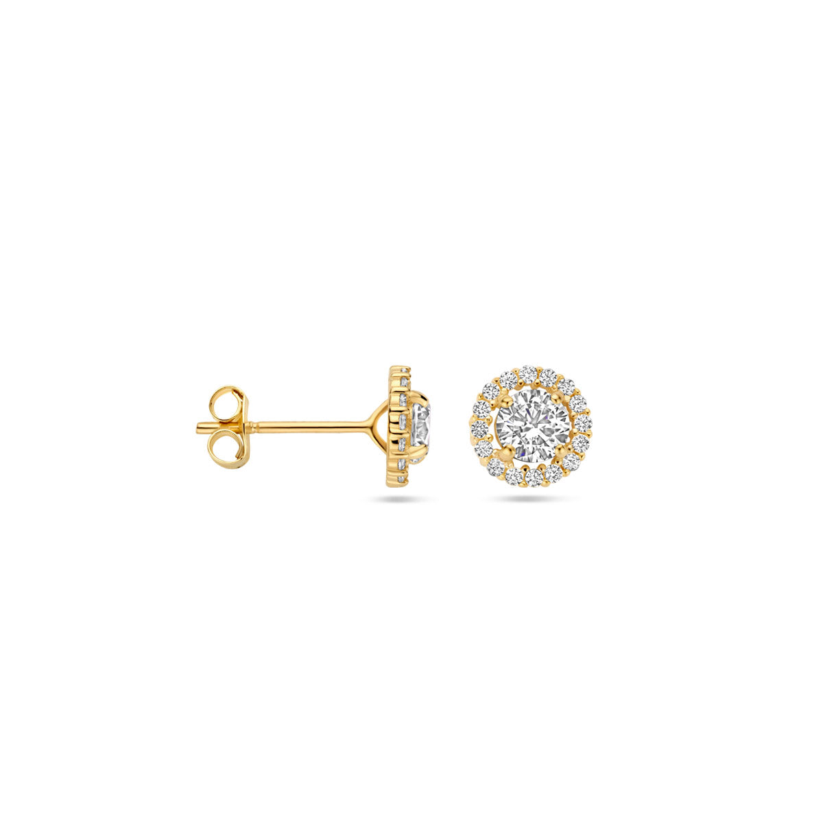 oorknoppen zirkonia halo 7 mm 14K geelgoud
