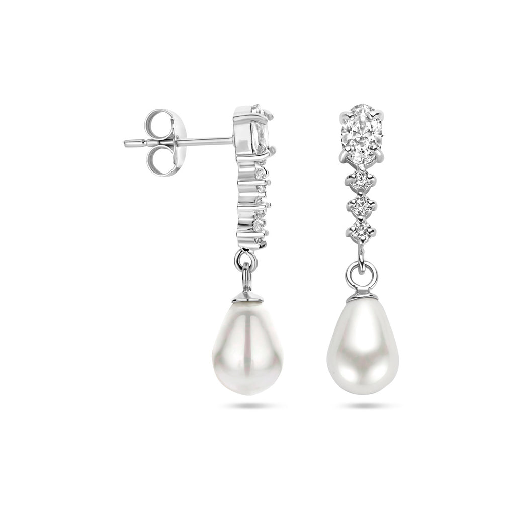 oorhangers zirkonia en parel zilver gerhodineerd