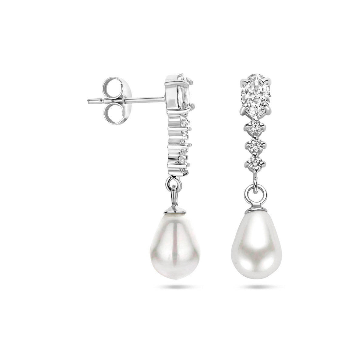 oorhangers zirkonia en parel zilver gerhodineerd