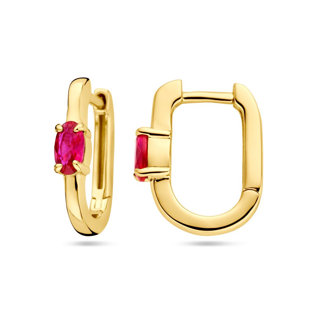 klapoorringen rood zirkonia 1 micron zilver verguld (geel)