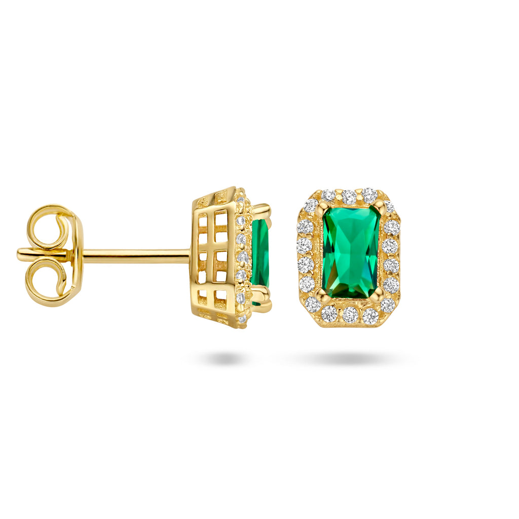 oorknoppen groen en wit zirkonia halo 14K geelgoud
