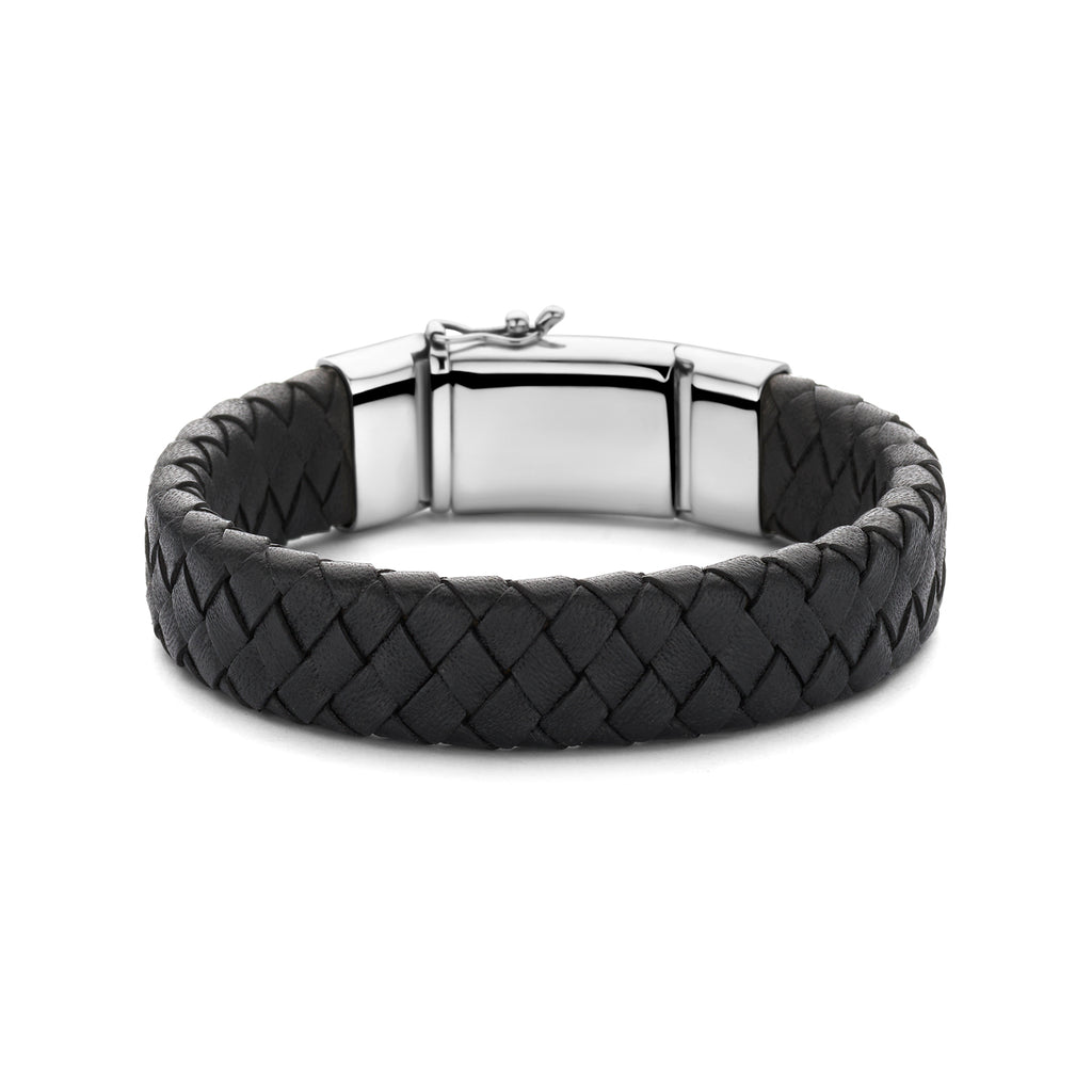 armband zwart leer 15 mm 21 cm zilver gerhodineerd