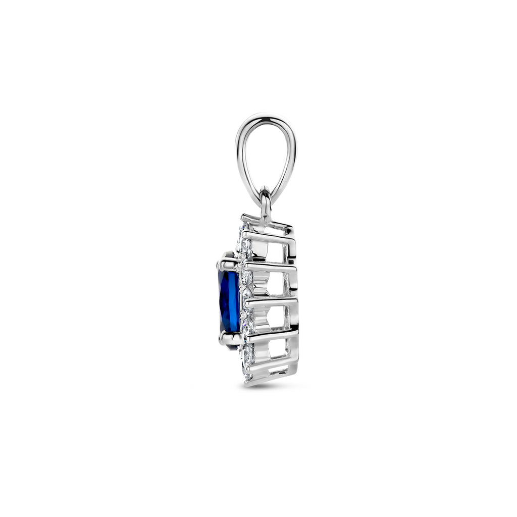 hanger saffierkleurig en wit zirkonia halo zilver gerhodineerd