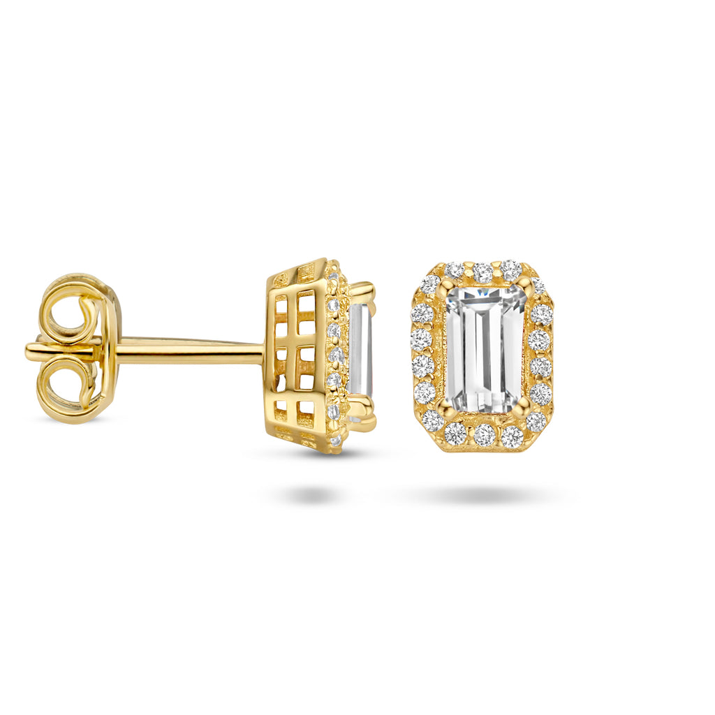 oorknoppen zirkonia halo 14K geelgoud