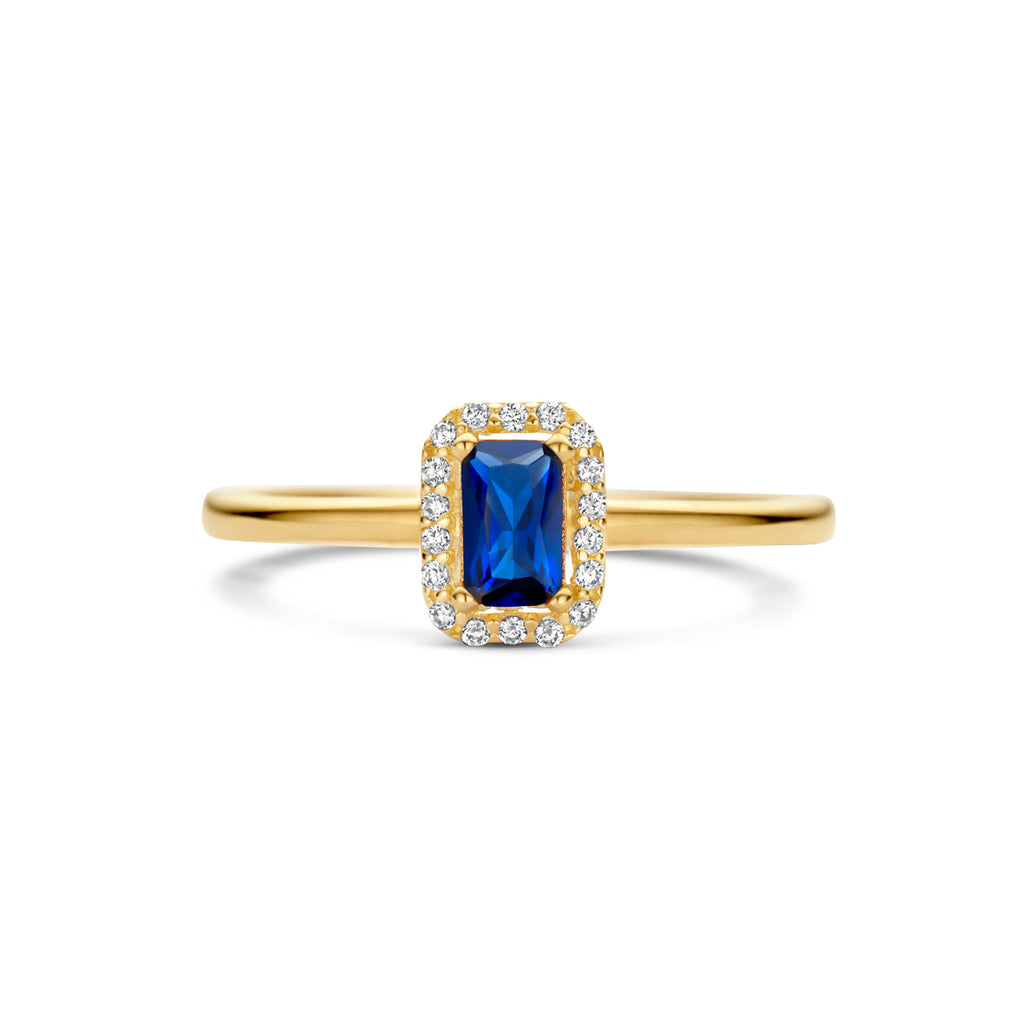 ring synth. saffier en zirkonia halo 14K geelgoud