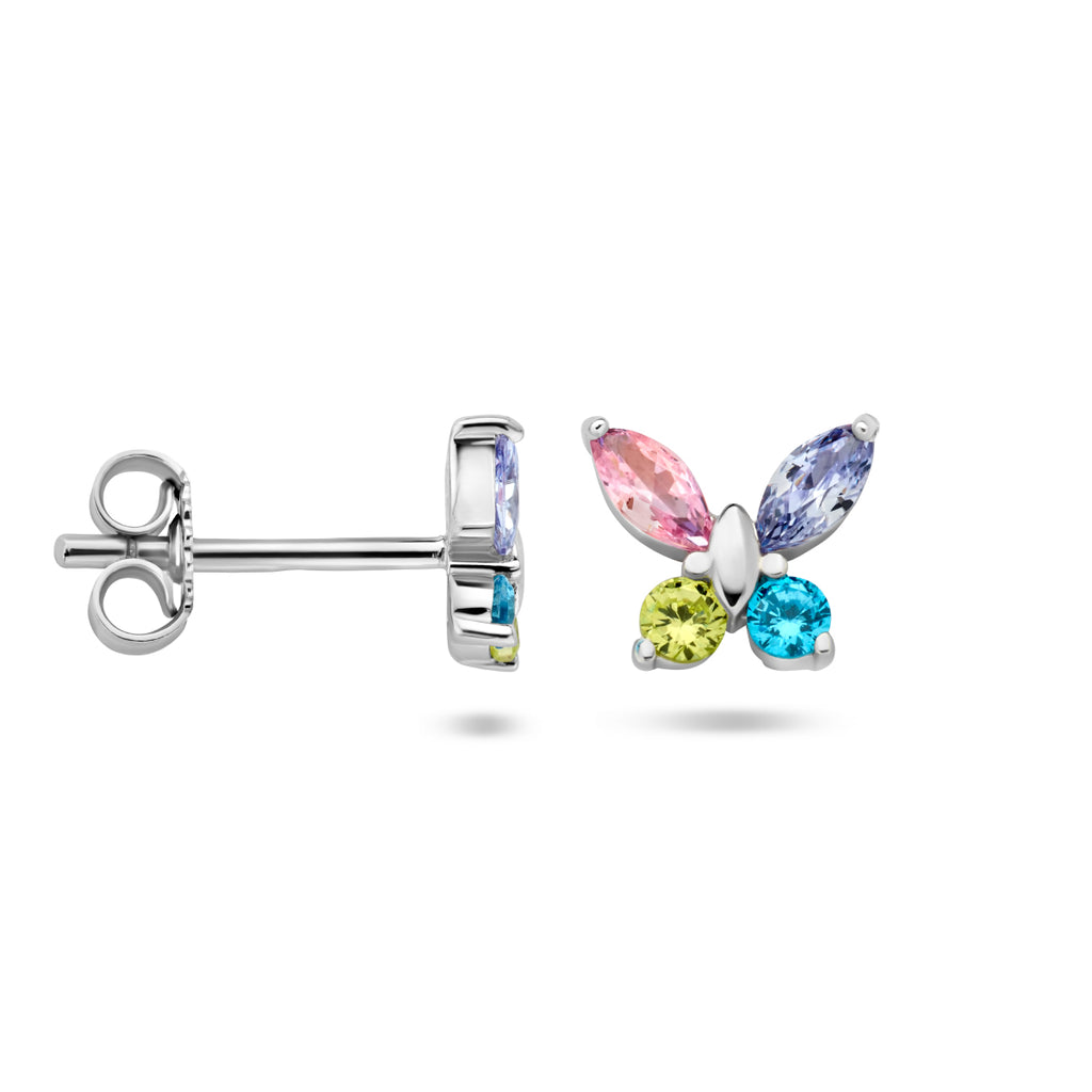 Schmetterlings-Ohrstecker in mehreren Farben aus rhodiniertem Zirkonia-Silber
