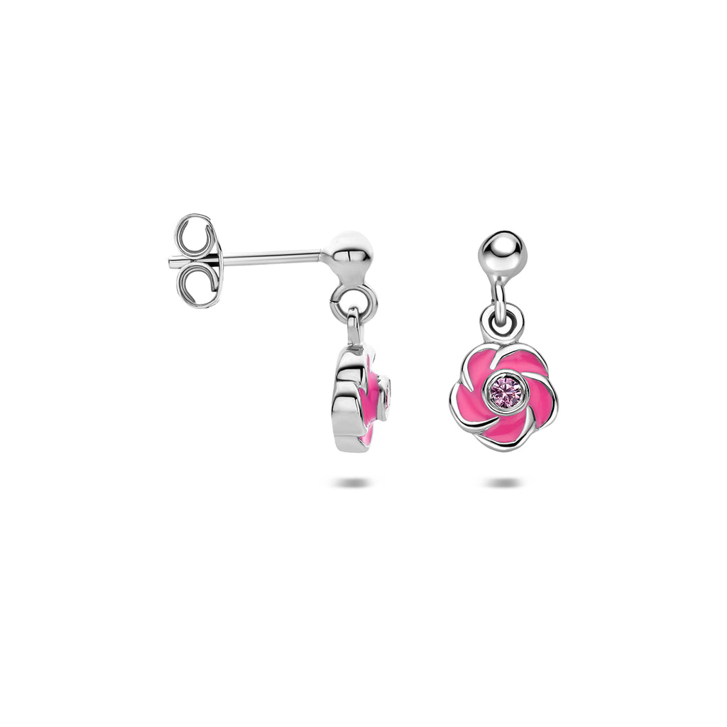 oorhangers bloem zirkonia emaille zilver gerhodineerd