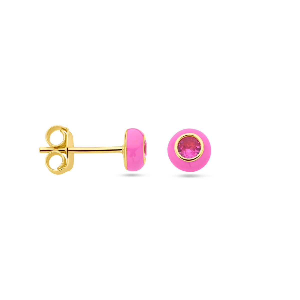 oorknoppen roze emaille en corundum zirkonia 1 micron zilver verguld (geel)