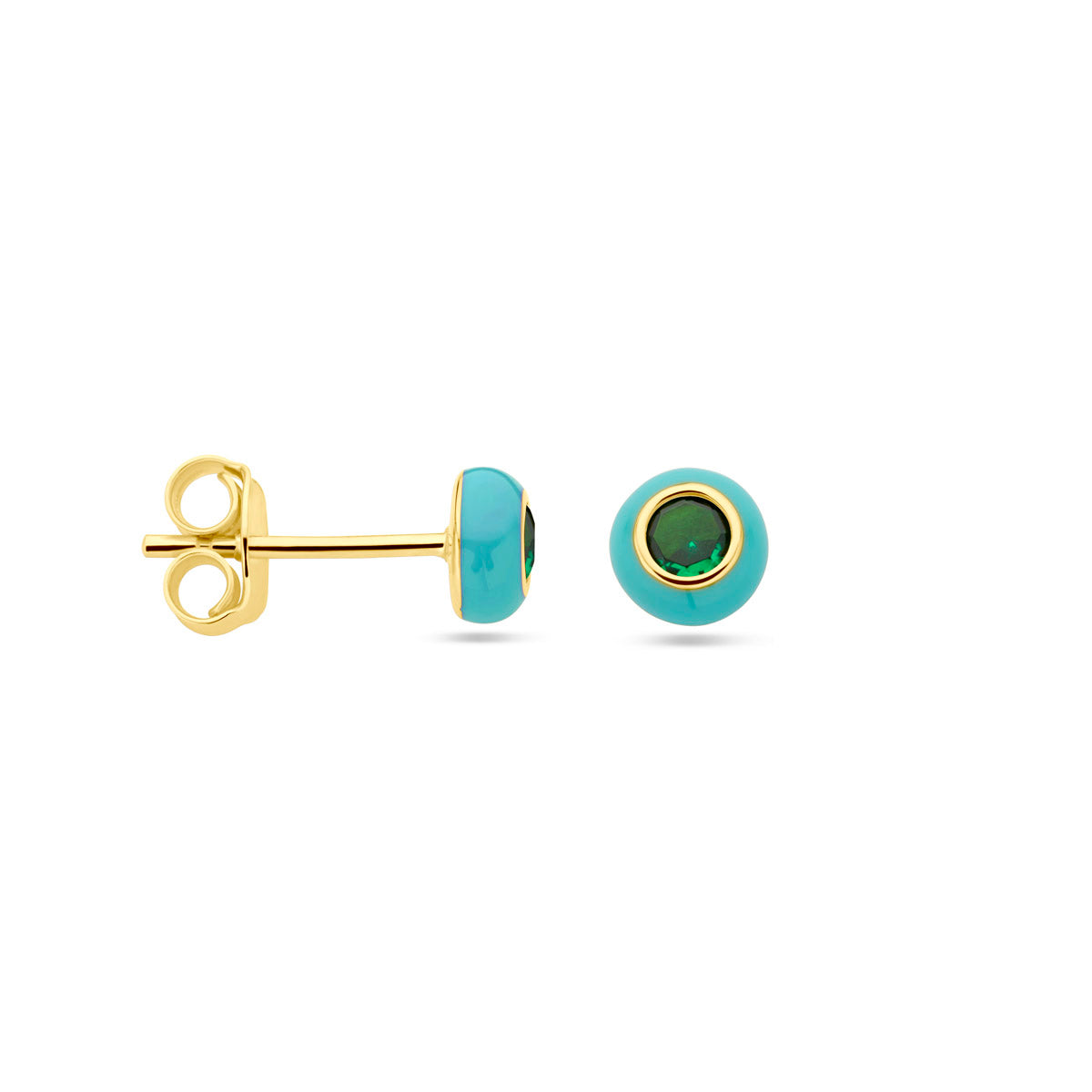 oorknoppen turquoise emaille en groen zirkonia 1 micron zilver verguld (geel)