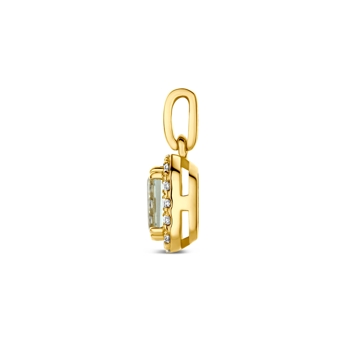 hanger groen amethist en lab grown diamant 0.08ct f vs 7,5 mm 14K geelgoud