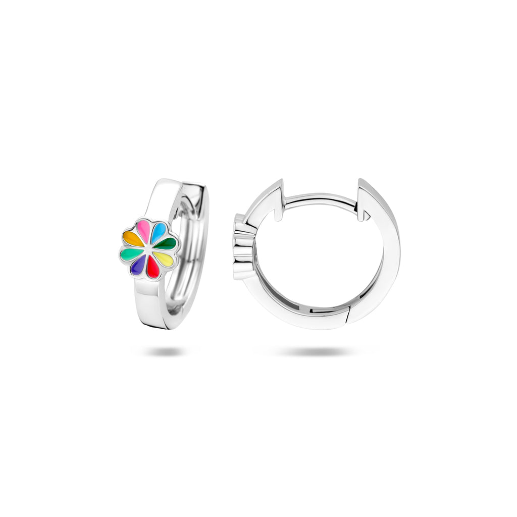 Klappcreolen Blume Emaille 12,5 mm Silber rhodiniert