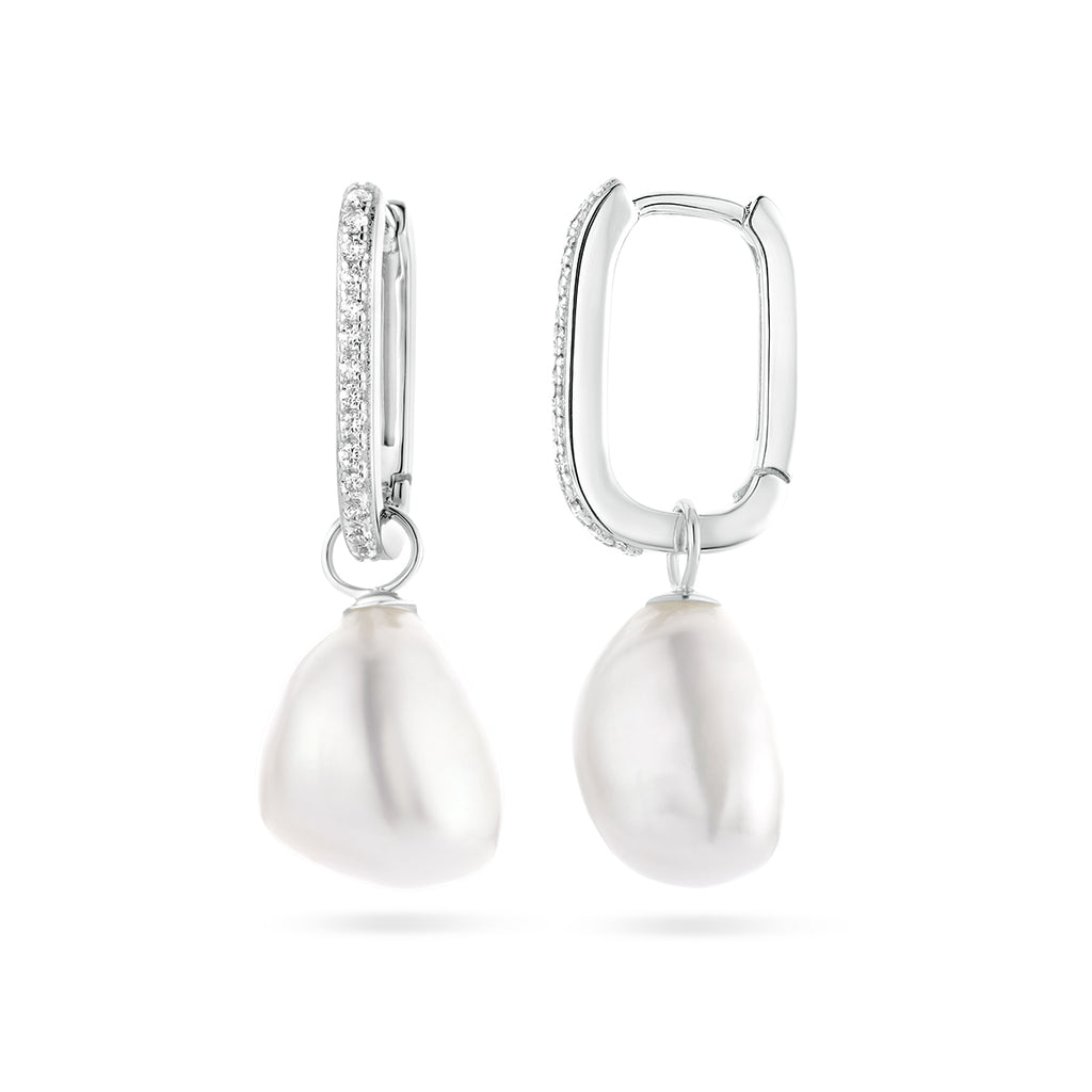 oorringen paperclip barok parel en zirkonia zilver gerhodineerd