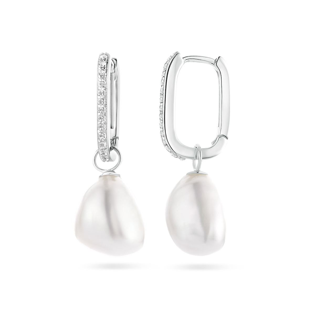 oorringen paperclip barok parel en zirkonia zilver gerhodineerd