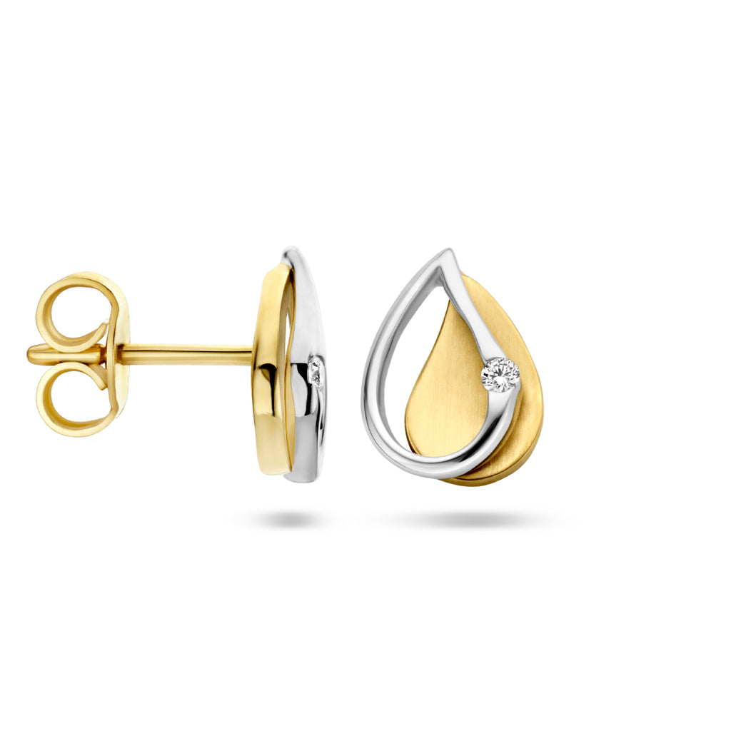 oorknoppen diamant 0.03ct (2x 0.015ct) h si 14K bicolor goud geel/wit - druppel/komma/pegel