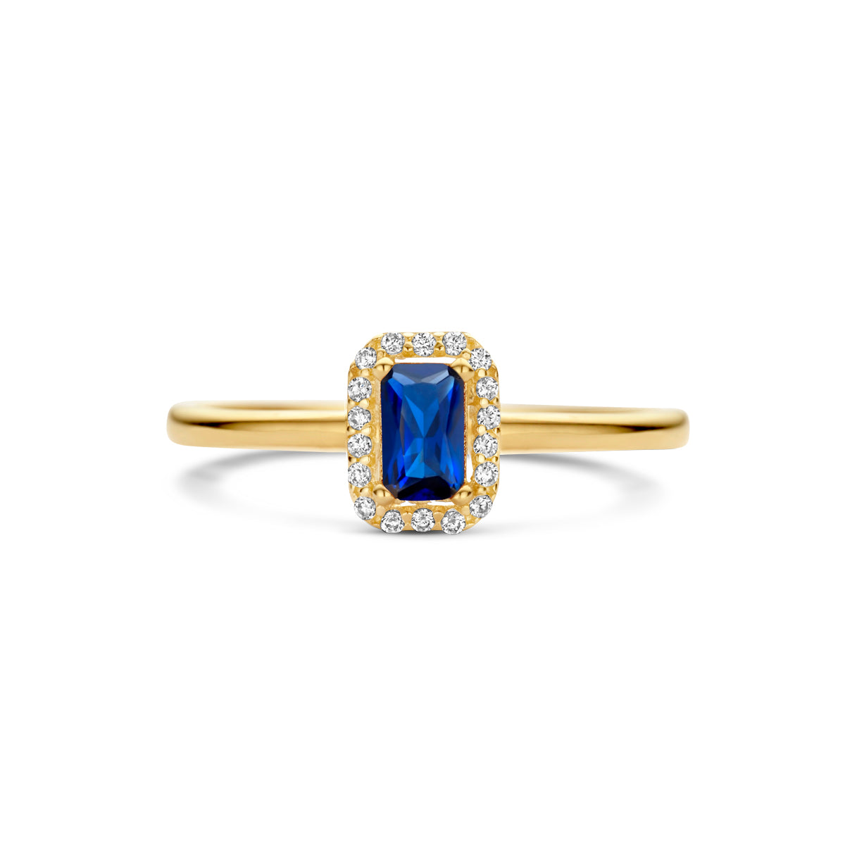 ring synth. saffier en zirkonia halo 14K geelgoud