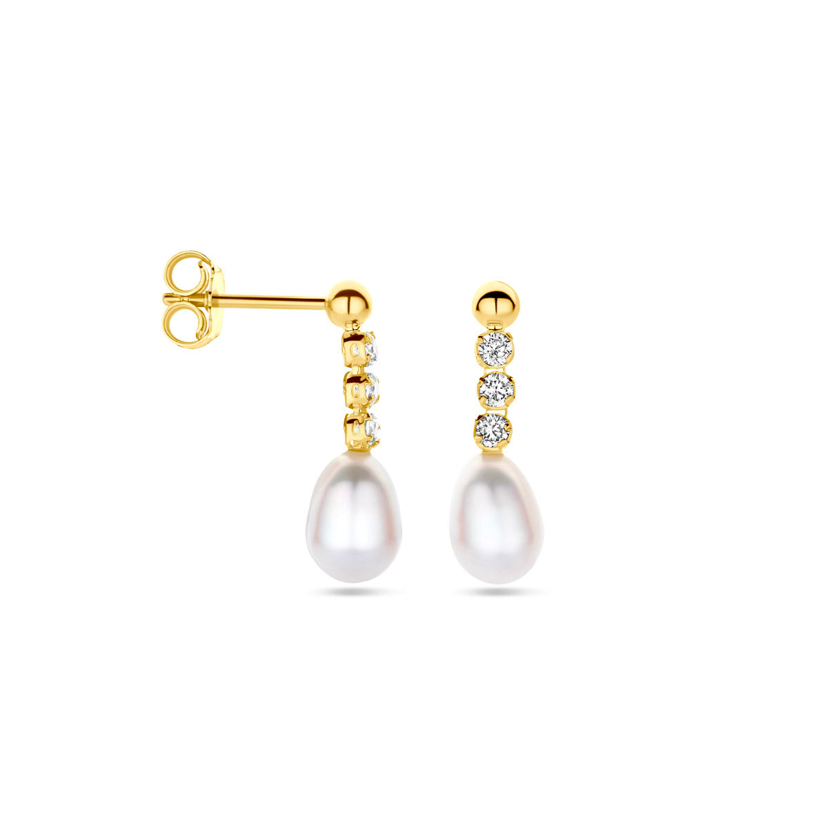 Ohrringe Zirkonia und Perle 19 mm 14K Gelbgold