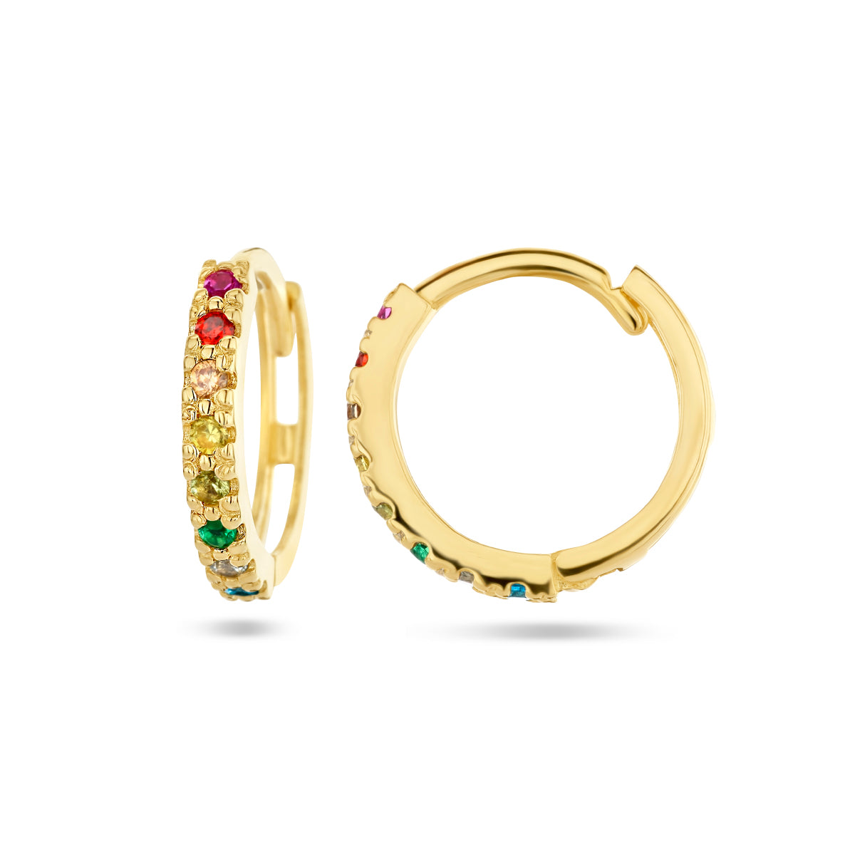 klapoorringen regenboog zirkonia 14K geelgoud