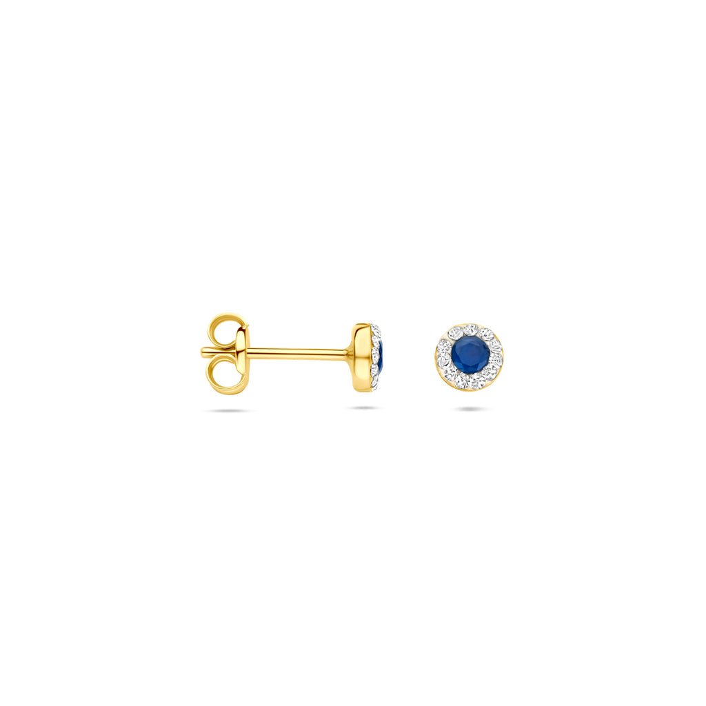 oorknoppen synth. swarovski en saffier 4,5 mm 14K geelgoud