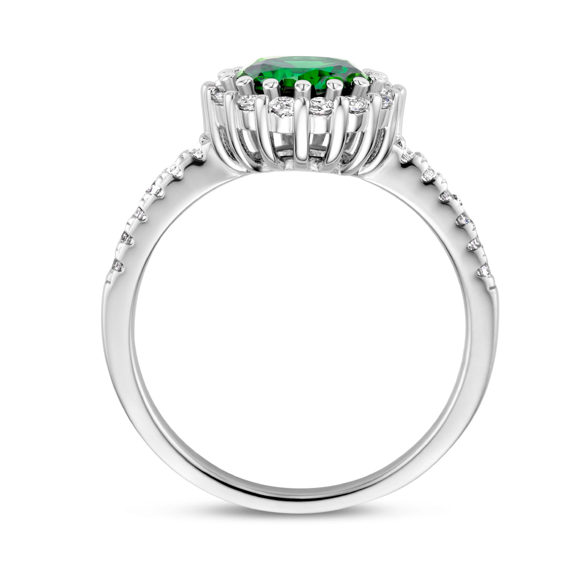 ring groen en wit zirkonia halo zilver gerhodineerd
