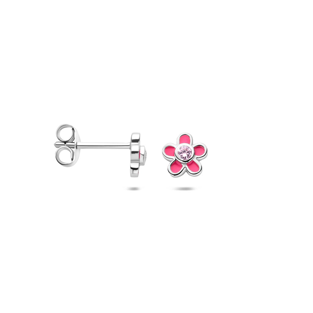 oorknoppen bloem zirkonia emaille 6,5 mm zilver gerhodineerd