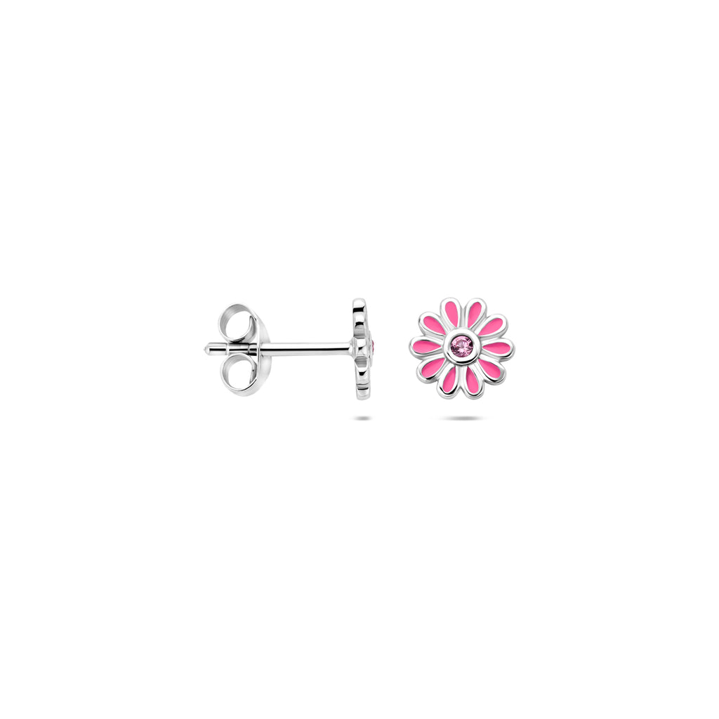 Ohrstecker Emaille Blume Rosa Zirkonia 7 mm Silber rhodiniert