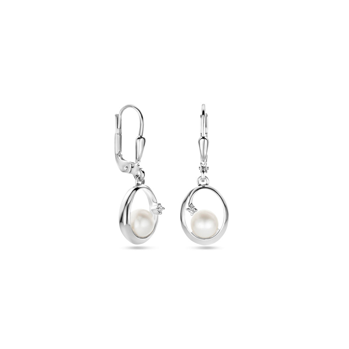 oorhangers ovaal parel en zirkonia brisur haak 27 mm zilver gerhodineerd