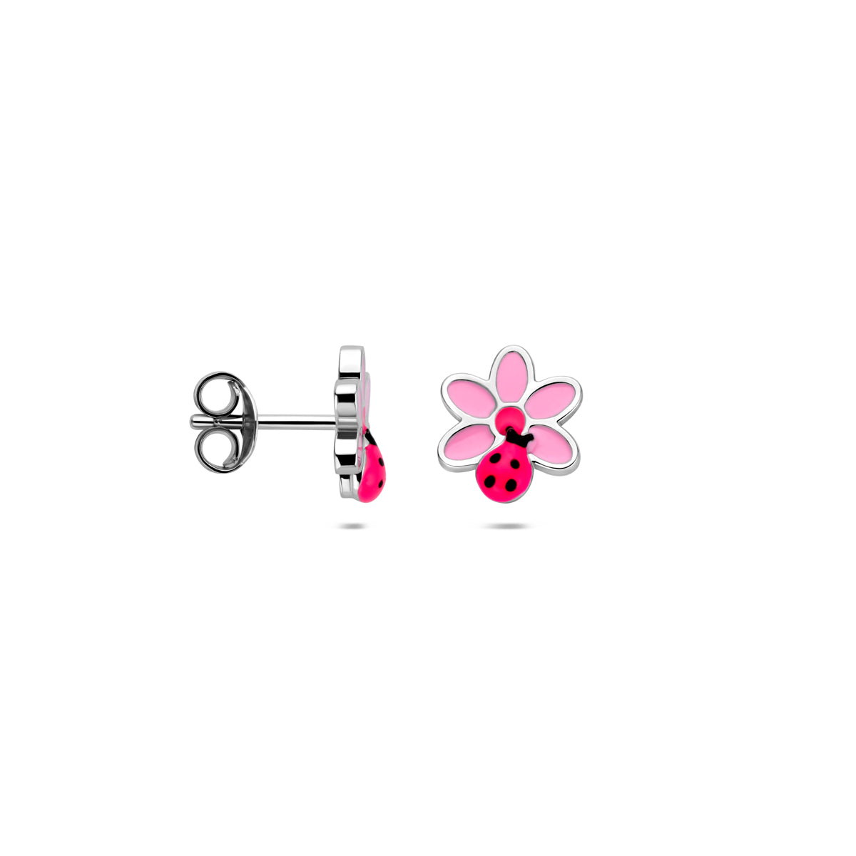 oorknoppen bloem en lieveheersbeestje 7,5 mm zilver gerhodineerd