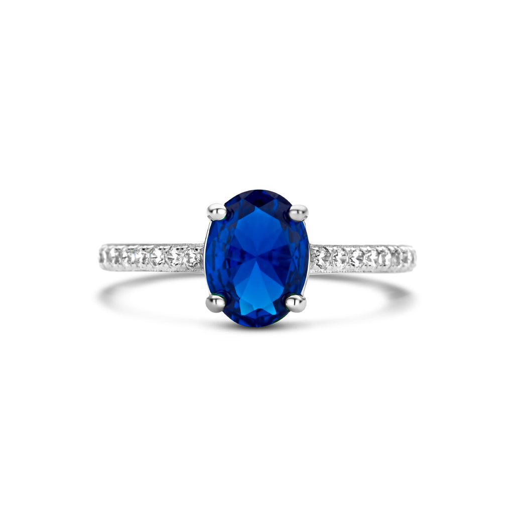 ring blauw en wit zirkonia zilver gerhodineerd